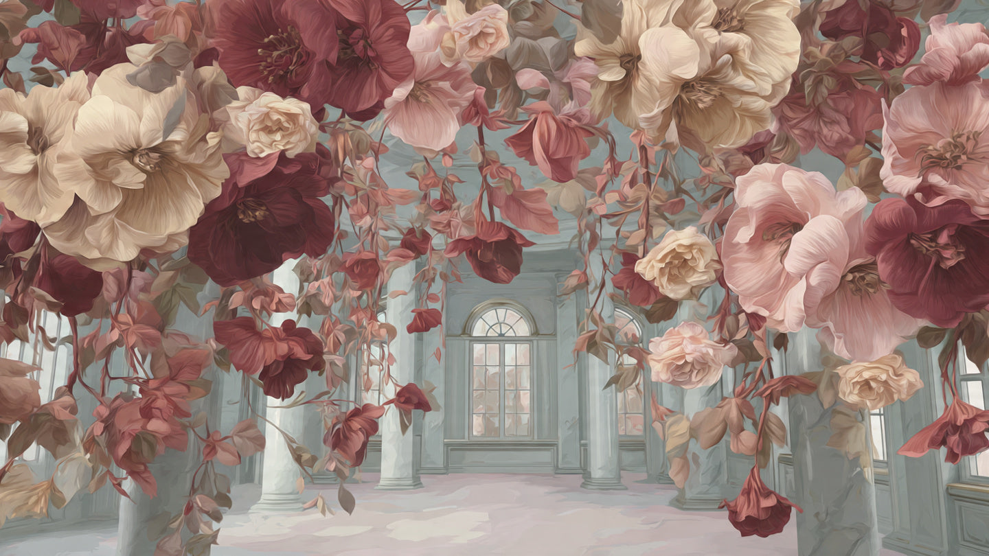 VelvetKay Maison des Fleurs collection banner, romantic hanging pink flowers and classical columns for elegant floral press on nails.