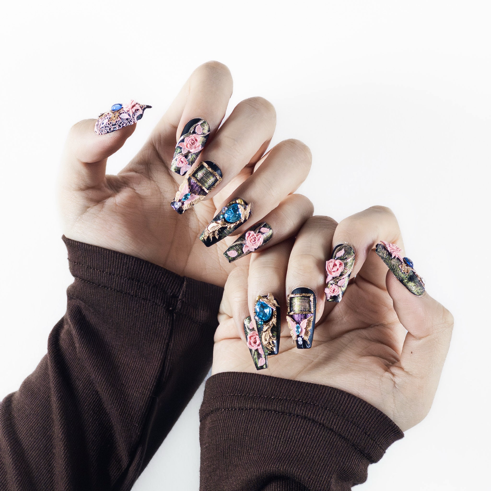 Detail view of Velvetkay Baroque Rose reusable nails, showcasing the Coffin shape and salon-quality finish.