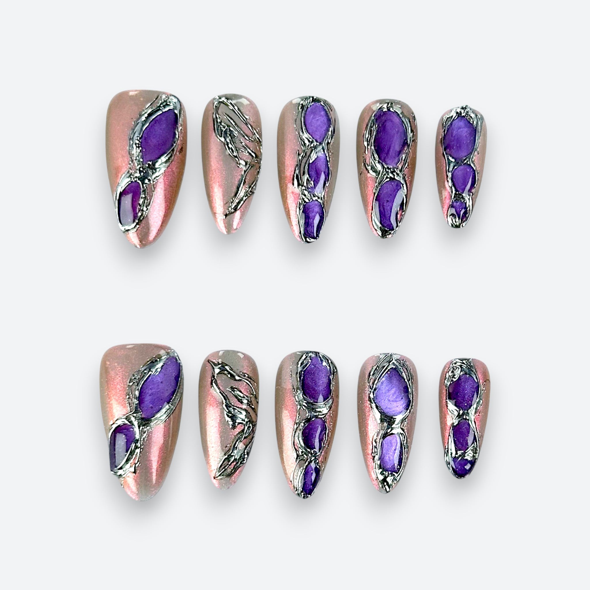 Full set view of Velvetkay Gemstone handcrafted press-on nails in Almond shape. Deep jewel-tone reusable manicure.