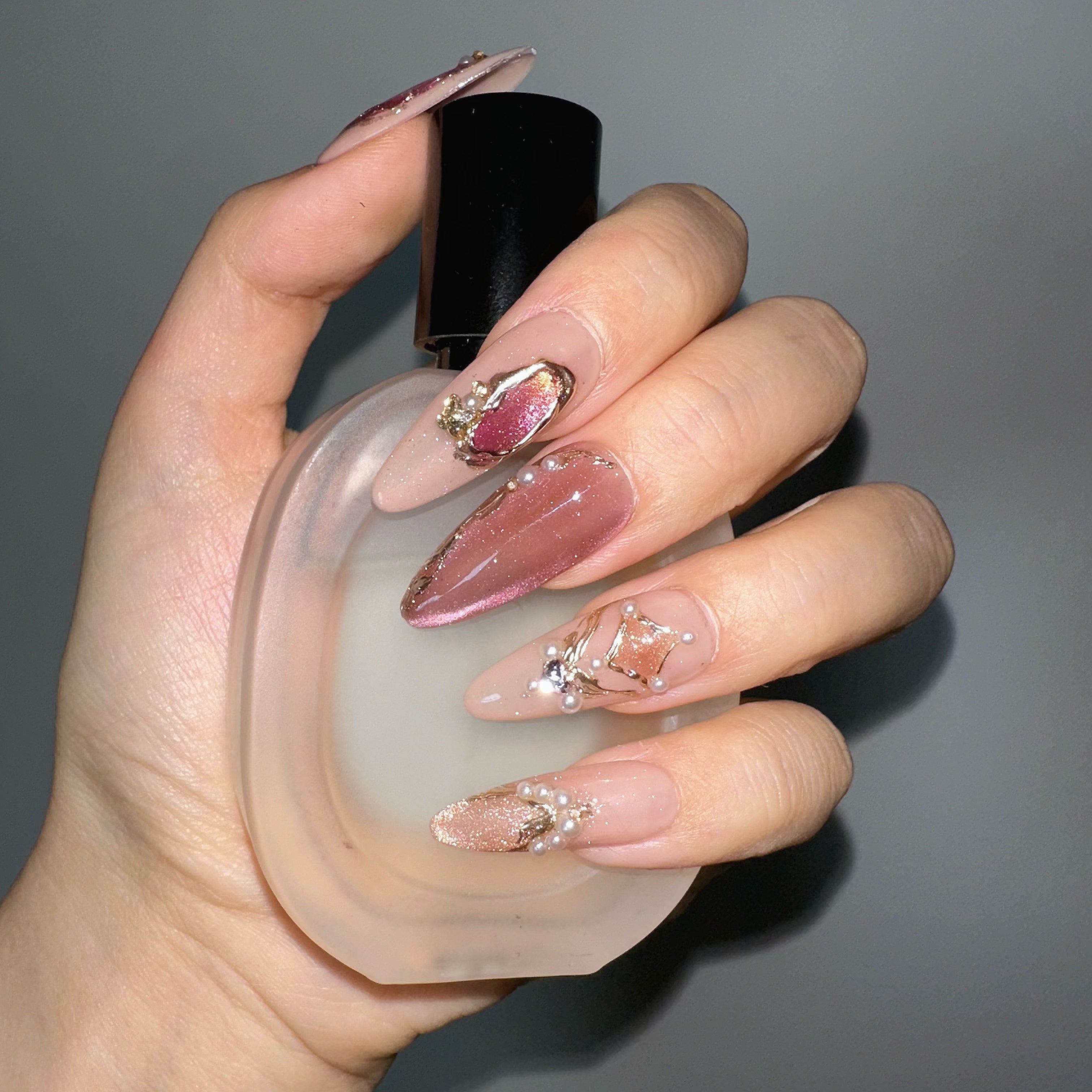 Mauve/Vintage Crystal Vintage mauve cat-eye crystal long almond handcrafted luxury gel press-on nails by Velvetkay.