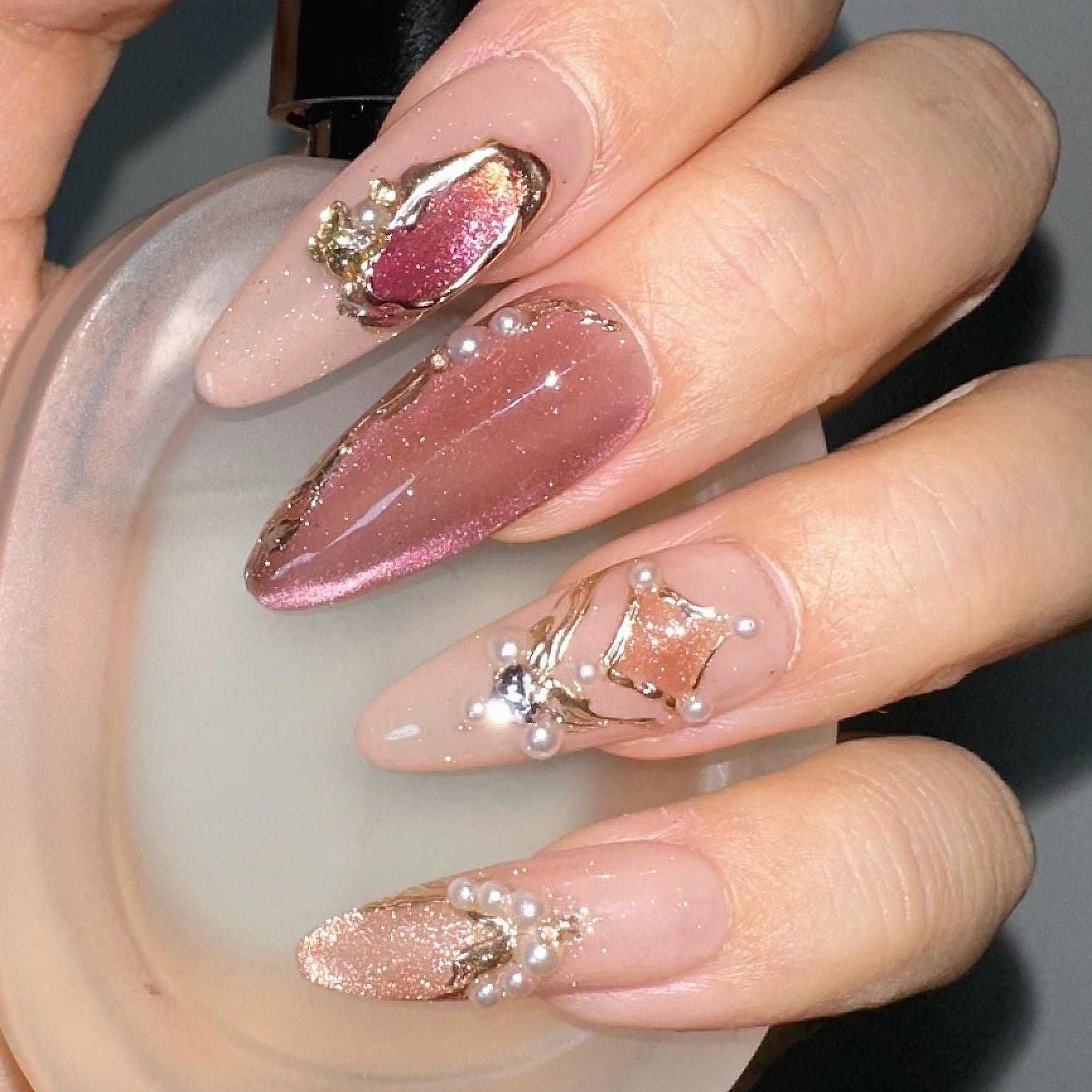 Mauve/Vintage Crystal Vintage mauve cat-eye crystal long almond handcrafted luxury gel press-on nails by Velvetkay.