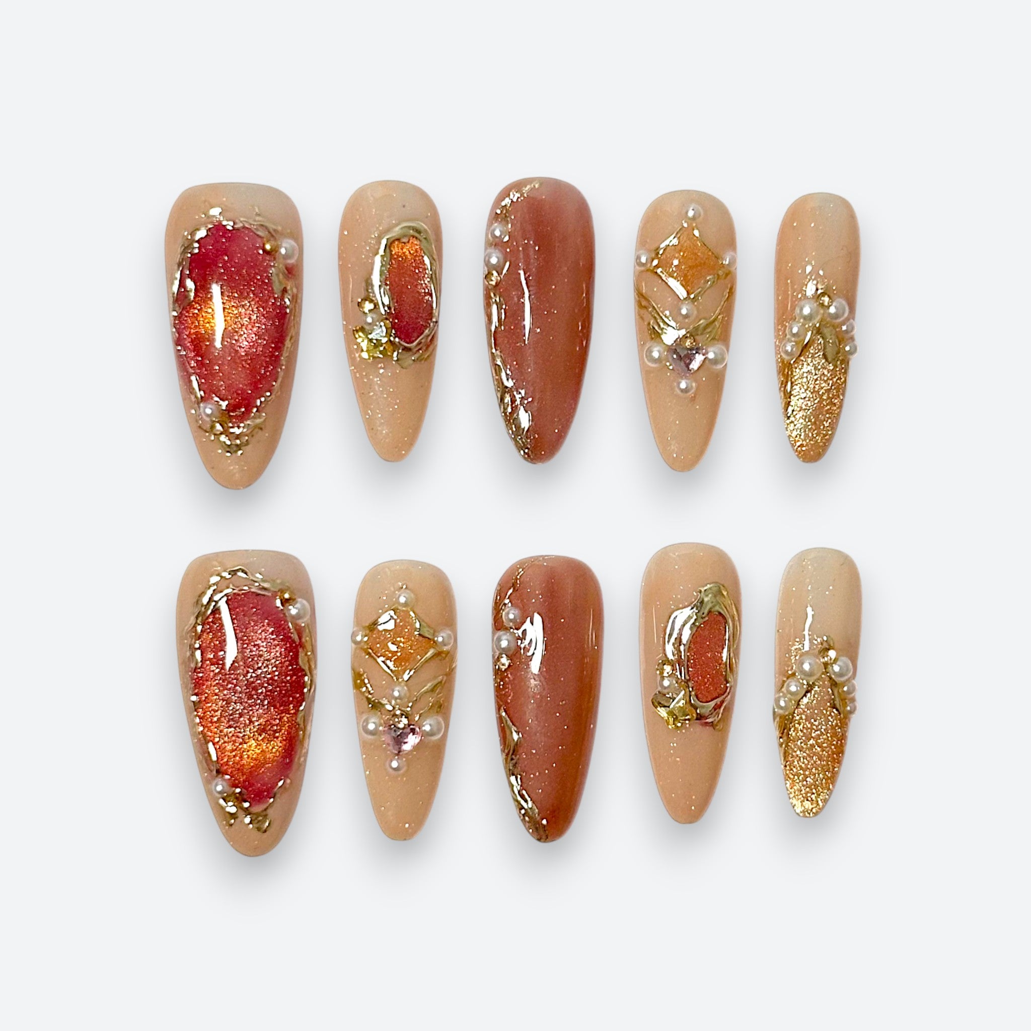 Vintage mauve cat-eye crystal long almond handcrafted luxury gel press-on nails by Velvetkay.