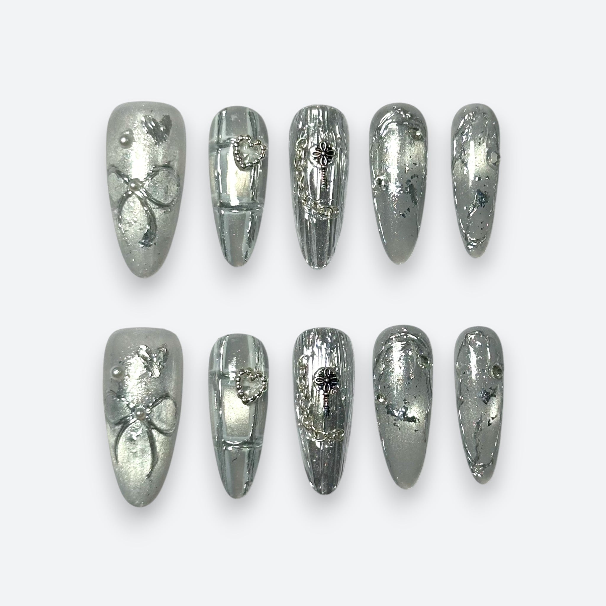 Cyber Y2K silver chrome plaid long almond handcrafted gel press-on nails with 3D chain by Velvetkay.