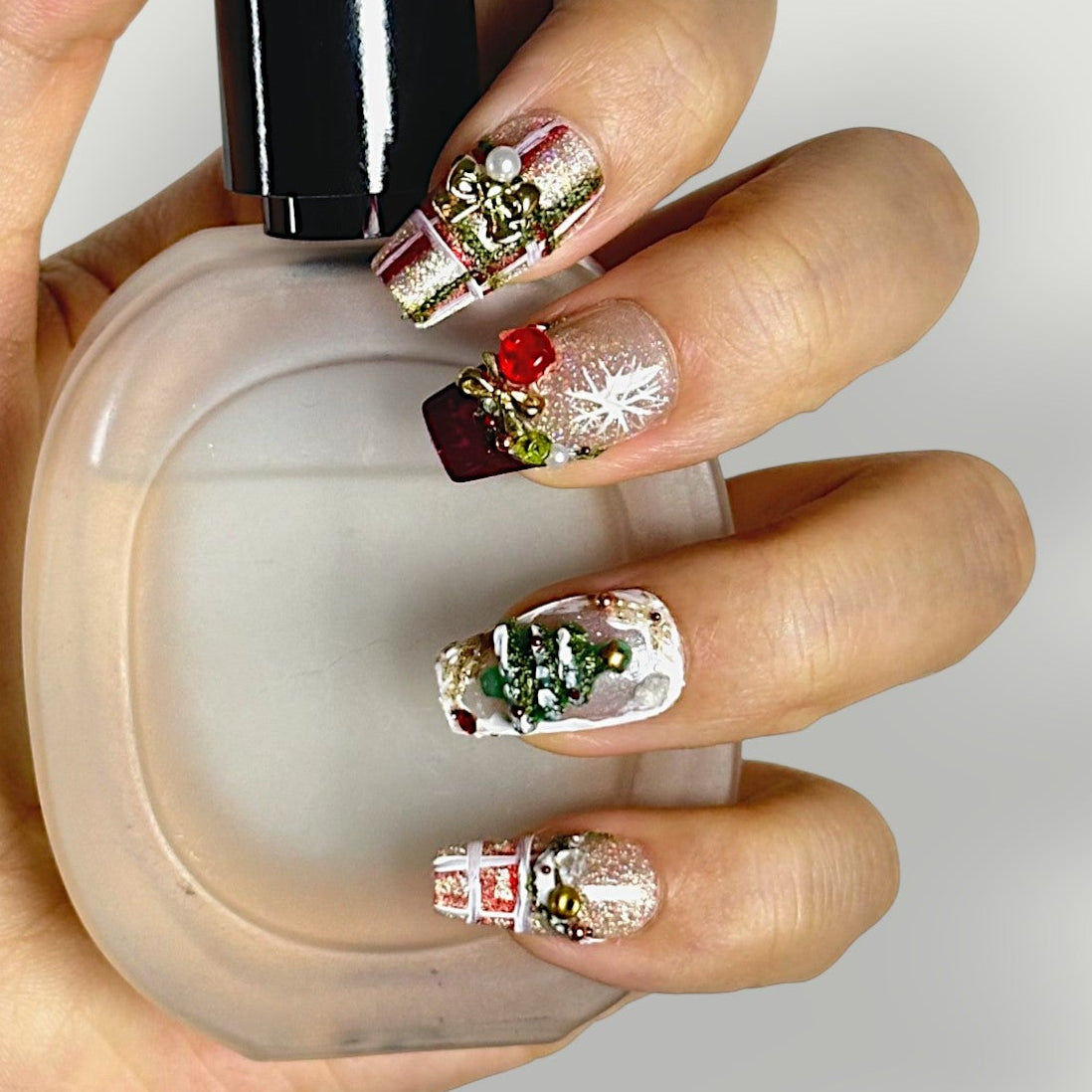 Detail texture shot of Velvetkay Holiday Jubilee nails, handcrafted for a premium holiday look.