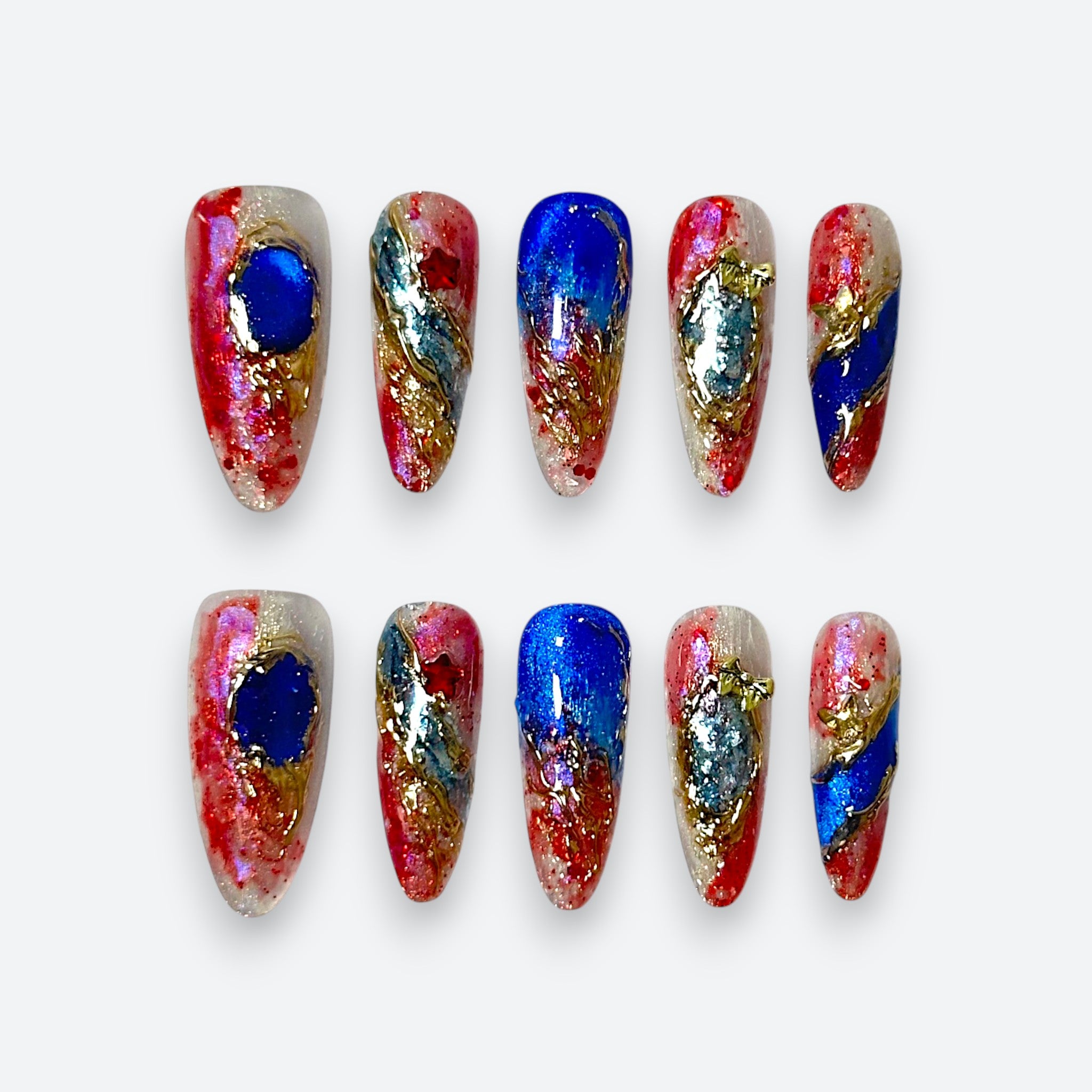 Abstract celestial blue and red marble long almond luxury reusable structured gel nails by Velvetkay.