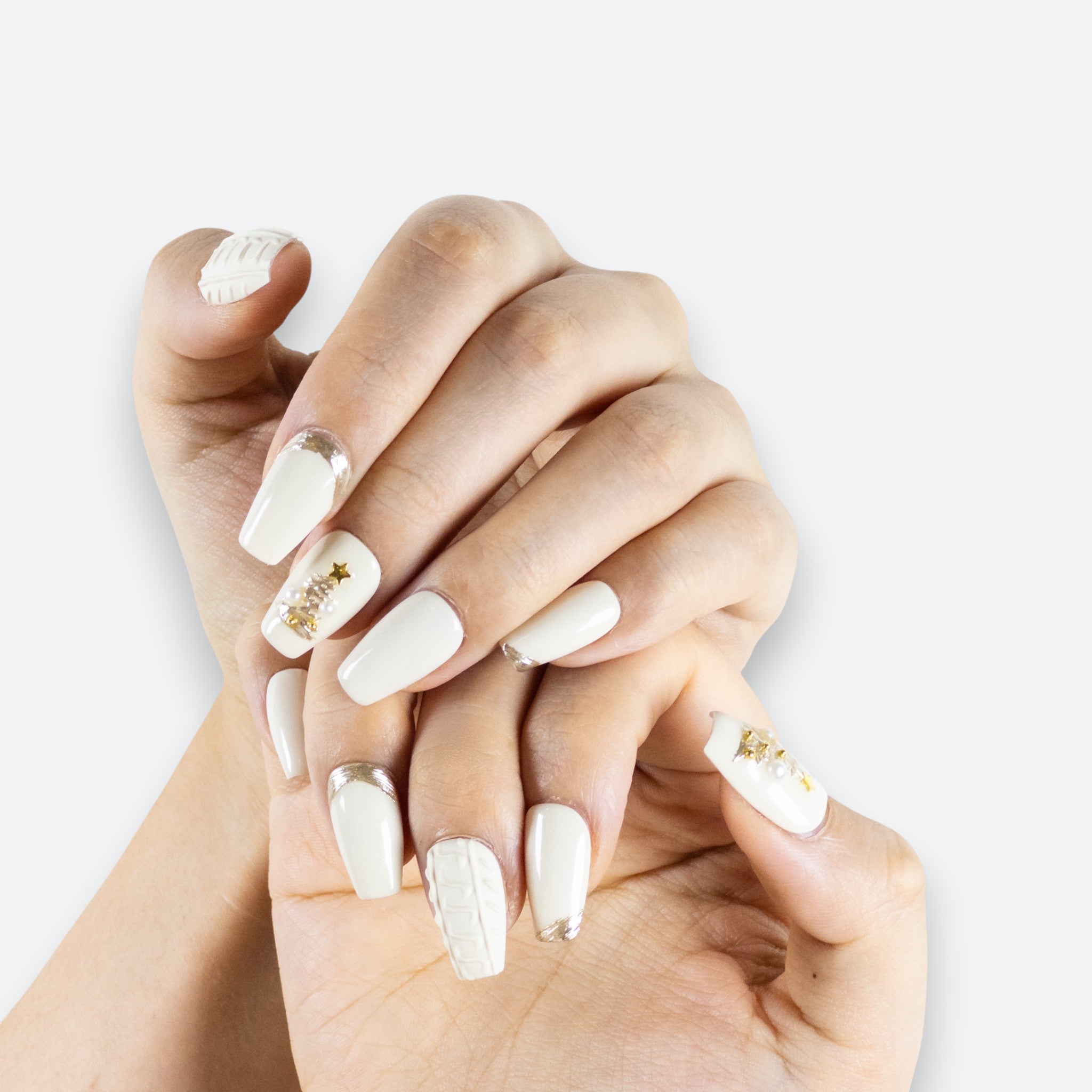 Macro detail of Velvetkay Ivory press-on nails showing the durable edge and natural opacity.