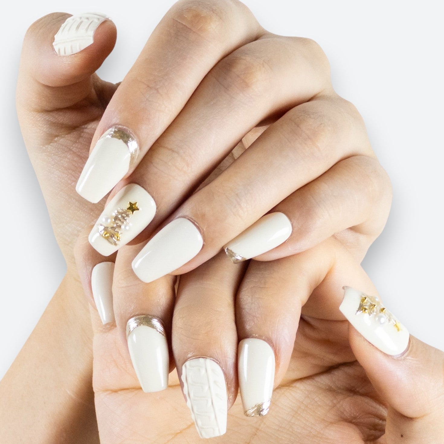 Macro detail of Velvetkay Ivory press-on nails showing the durable edge and natural opacity.