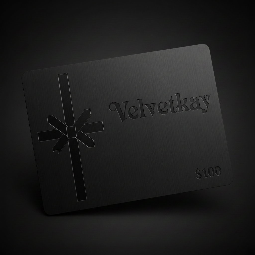 VelvetKay luxury digital e-gift card in matte black metal style, valued at $100 for premium press-on nails.