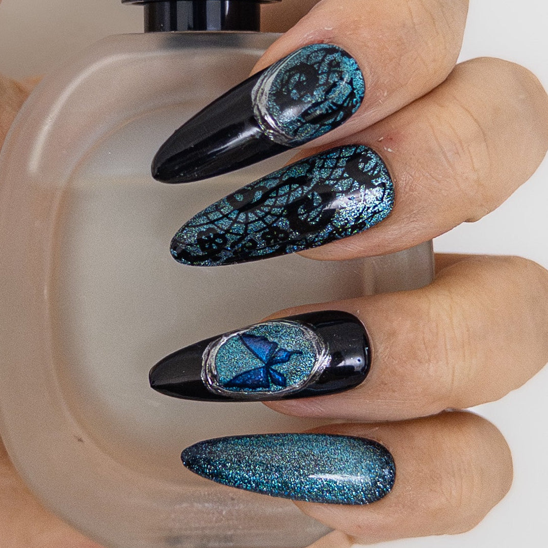 Gothic blue lace and magnetic glitter almond handcrafted gel press-on nails Nebula Echo by Velvetkay.