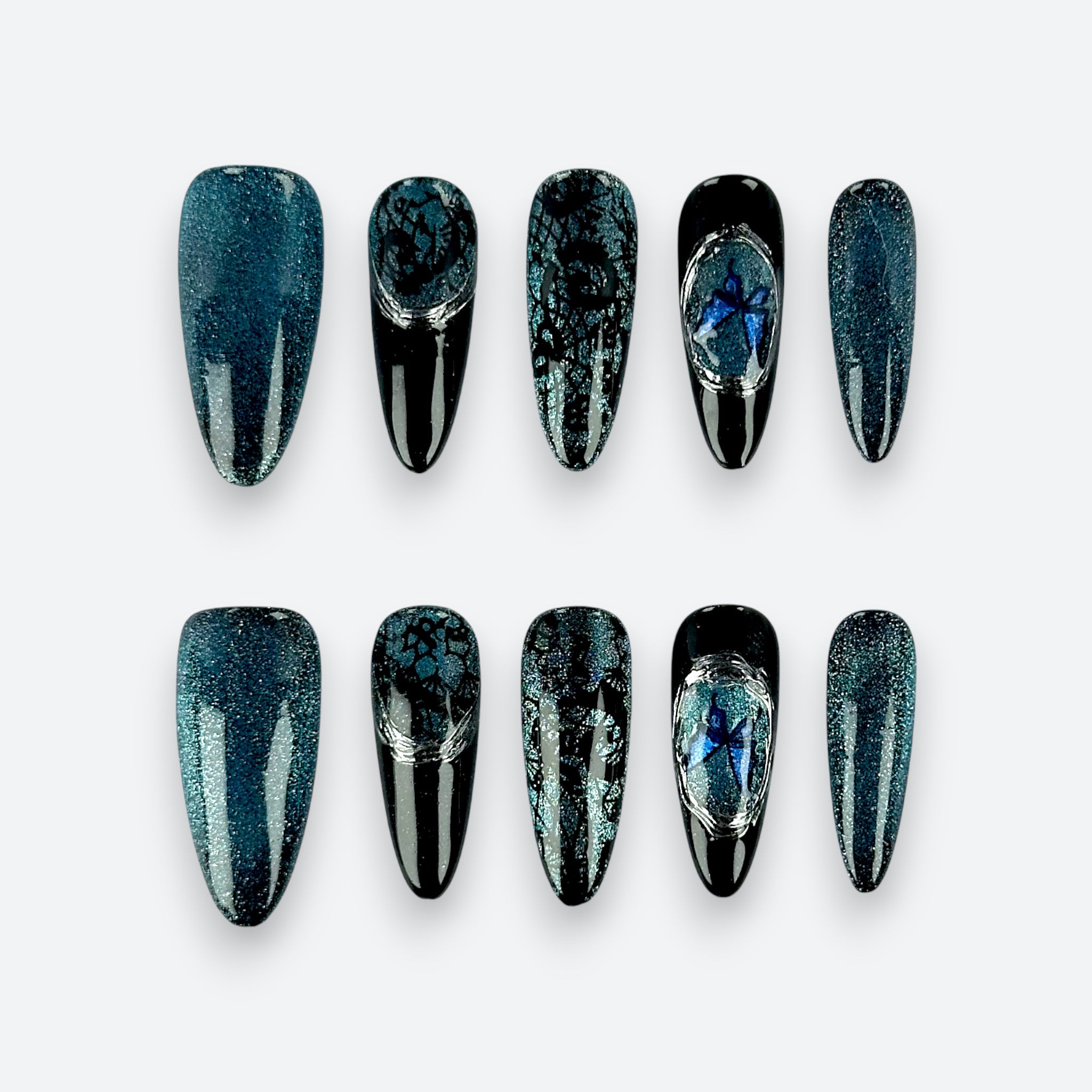 Velvetkay Nebula Echo handcrafted press-on nails full set in Almond shape. Galaxy-inspired reusable manicure.