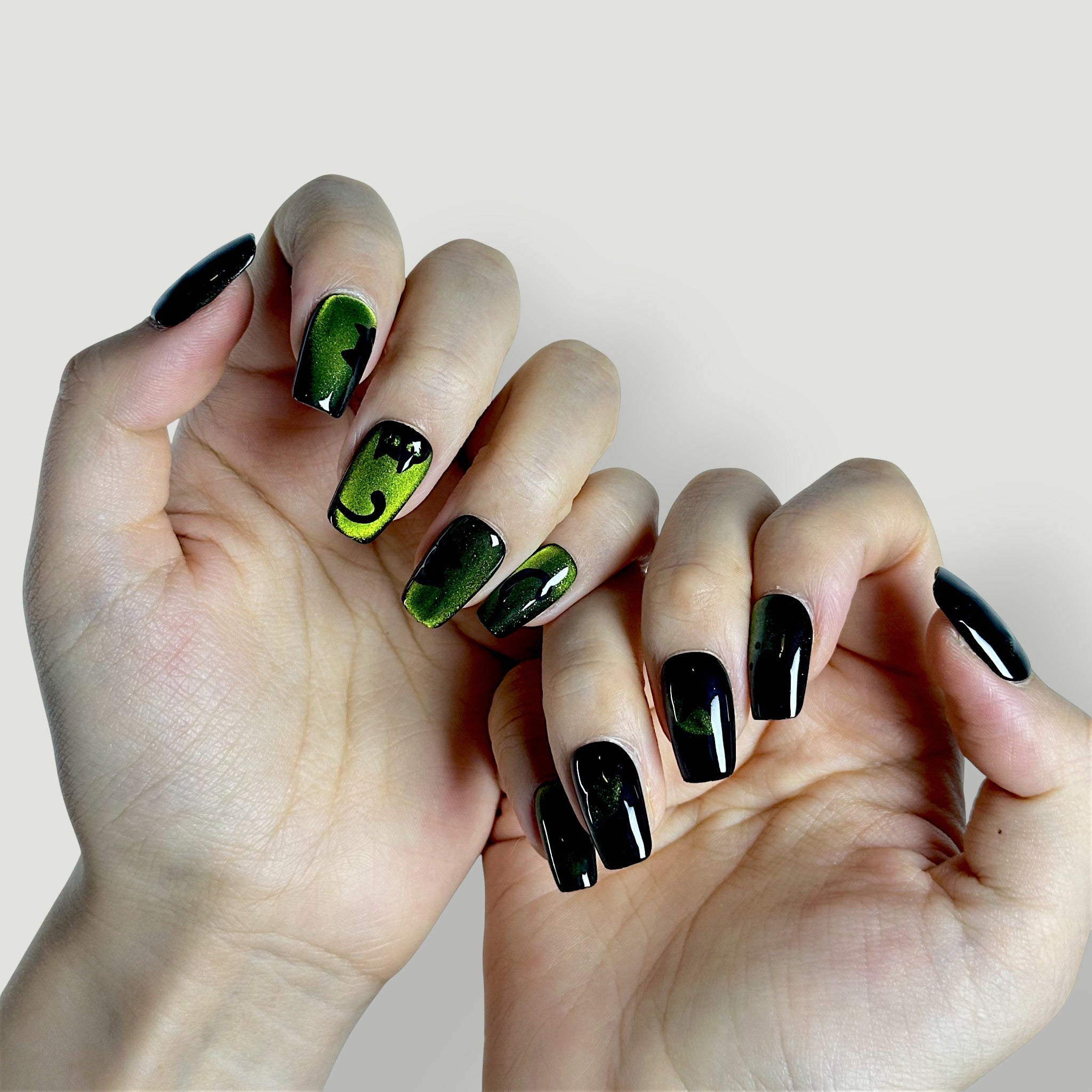 Detail shot of Velvetkay Night Prowler Square nails, highlighting the durable, high-gloss surface.
