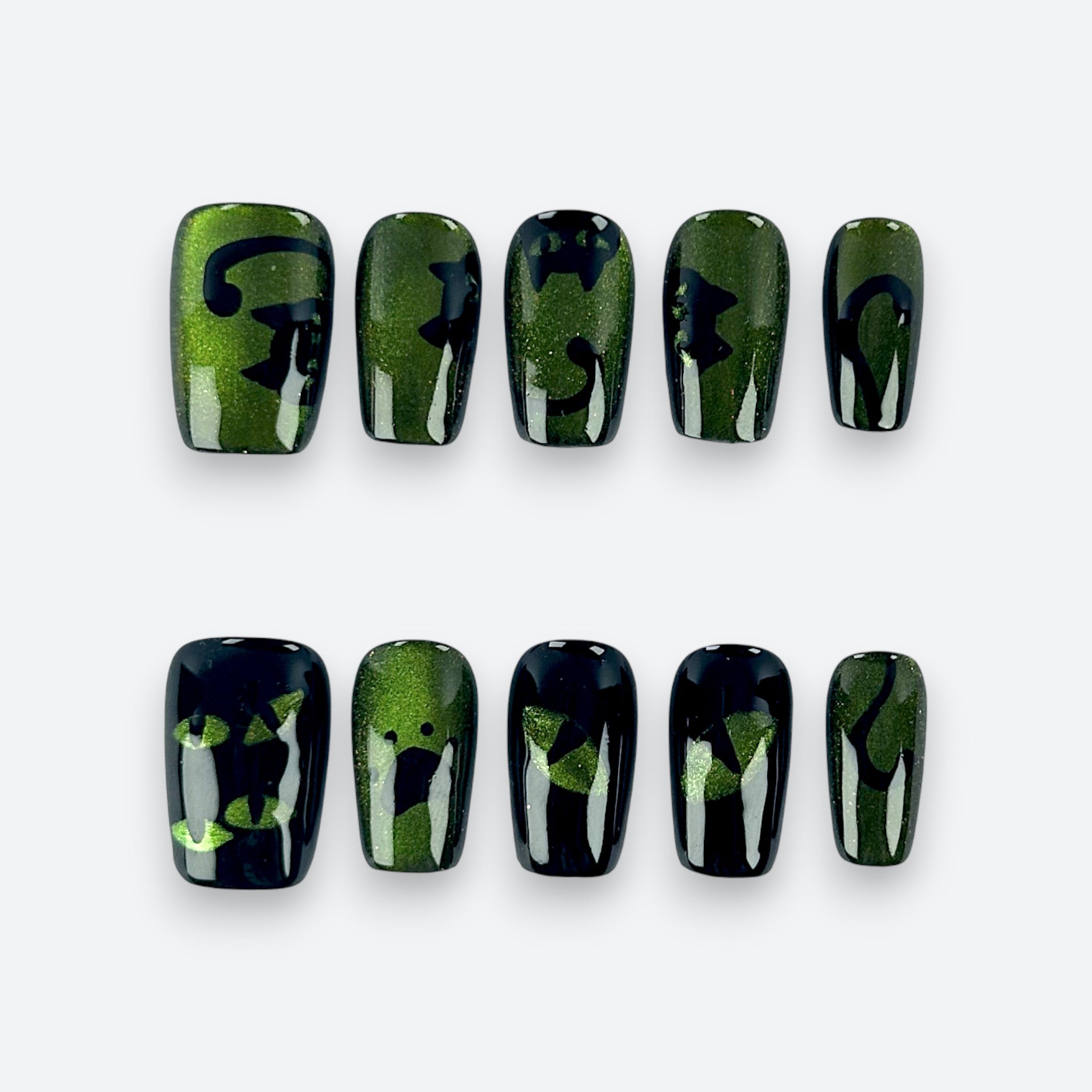 Full set view of Velvetkay Night Prowler handcrafted press-on nails in Square shape. Dark modern design.