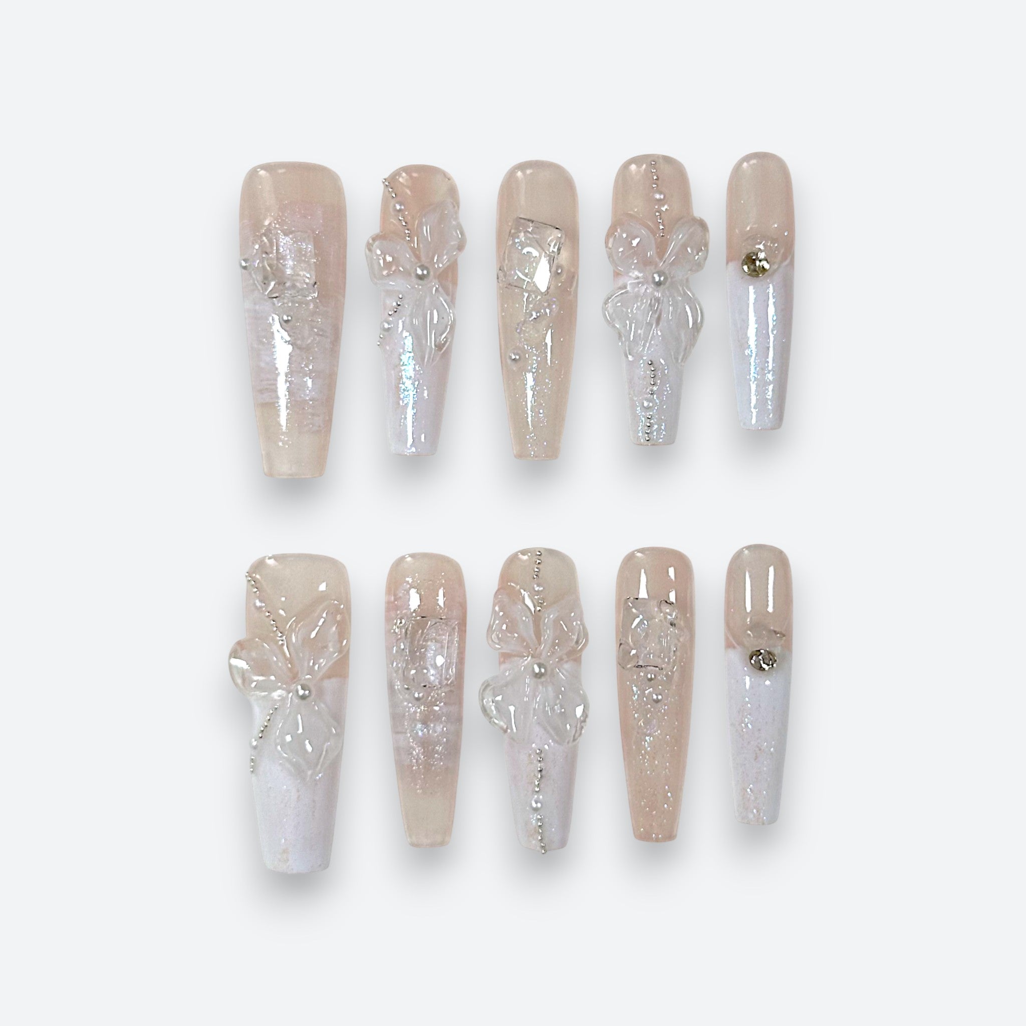 Velvetkay Pearl Veil luxury press on nails in Coffin shape, handmade design