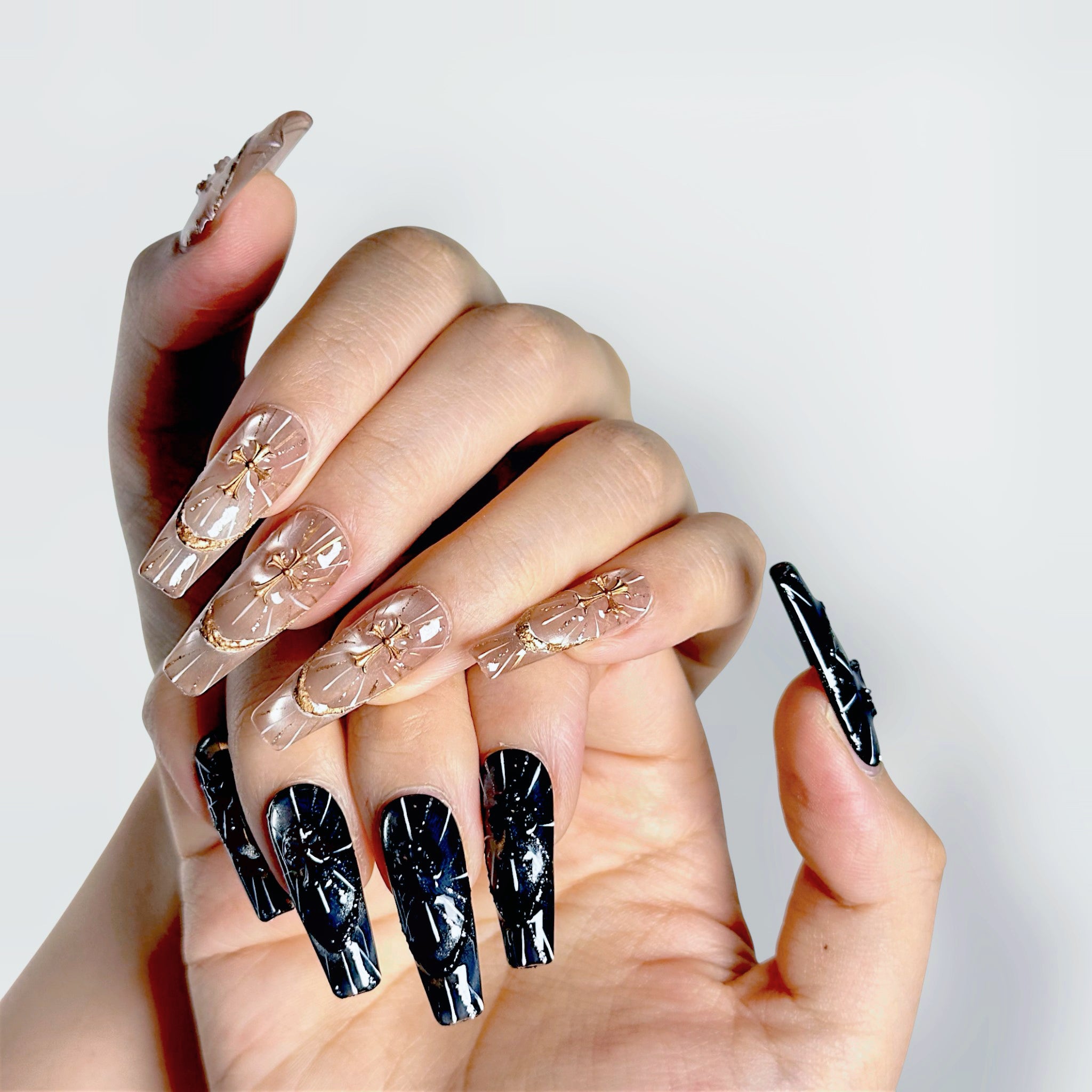 Velvetkay Reliquary Duo handcrafted press-on nails. Intricate, statement-making reusable manicure set.