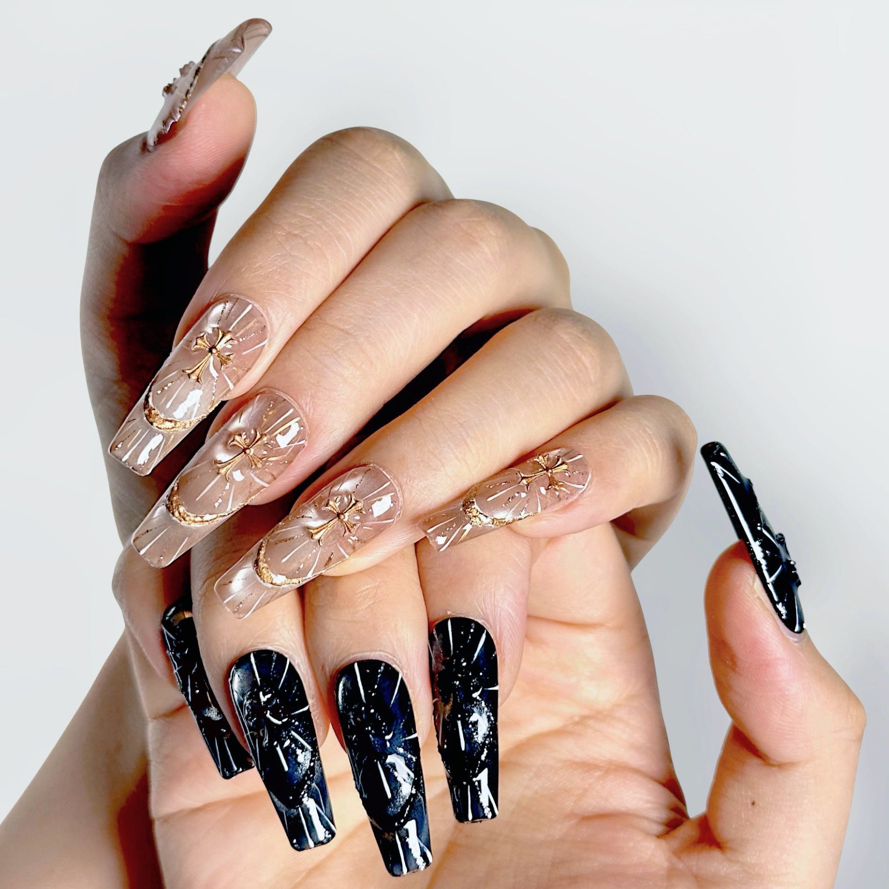 Velvetkay Reliquary Duo handcrafted press-on nails. Intricate, statement-making reusable manicure set.