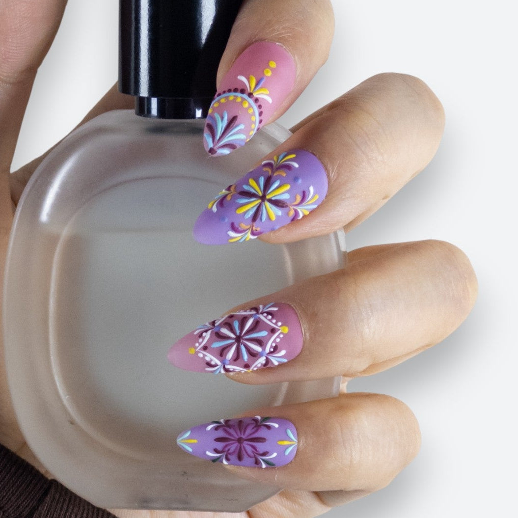 Velvetkay Rosette handcrafted press-on nails. Elegant floral-inspired reusable manicure for a soft, romantic look.