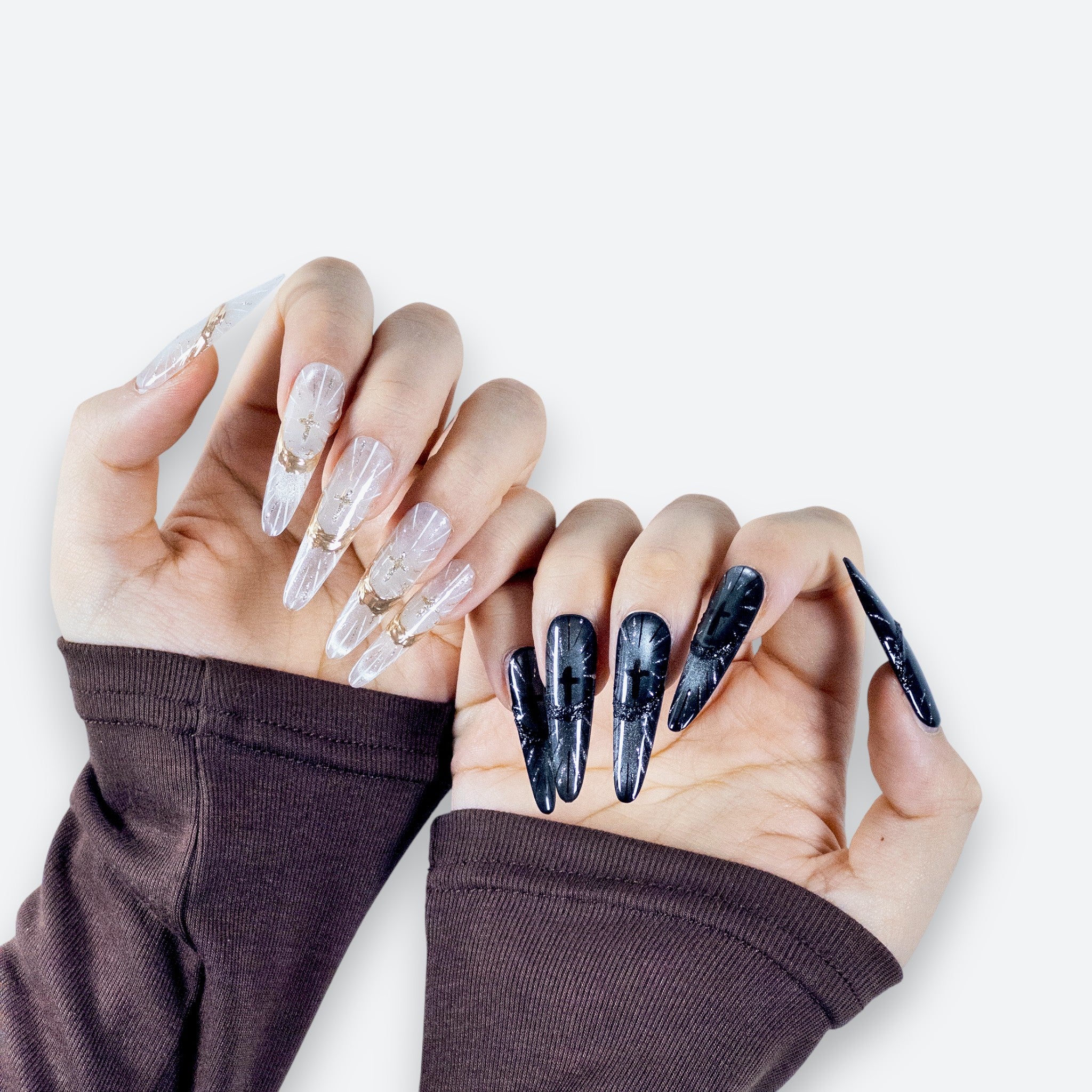 Texture detail of Velvetkay Sanctum Glow reusable nails. Salon-quality Stiletto manicure.