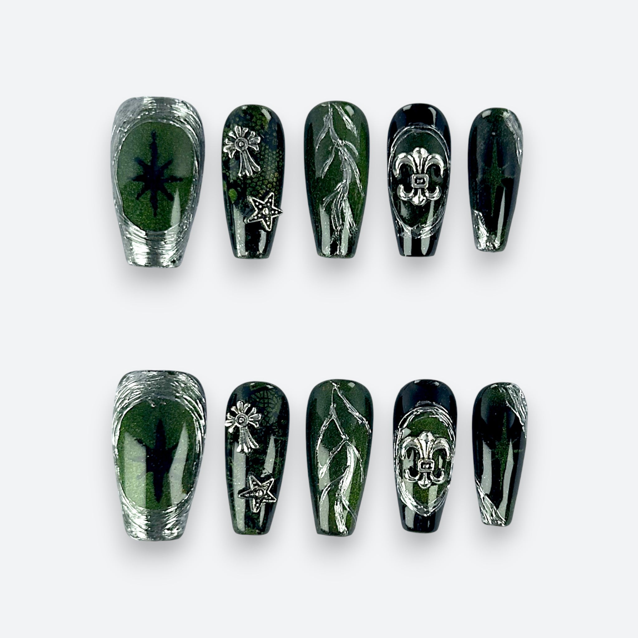 Velvetkay Starshade press-on nails full set in Coffin shape. Celestial-inspired dark reusable manicure.