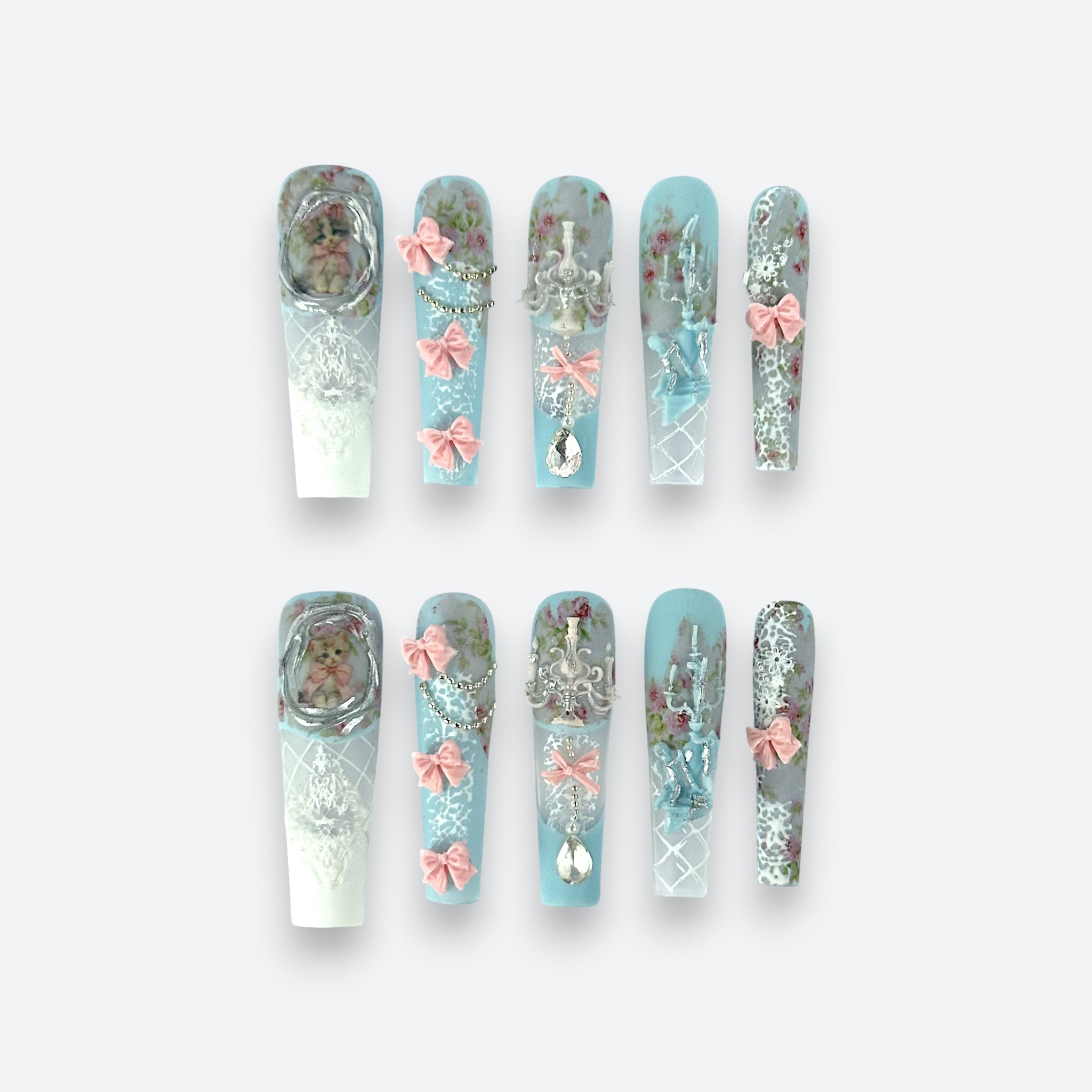 Velvetkay Victorian Dollhouse handcrafted press-on nails full set in Coffin shape. Vintage-inspired intricate design.