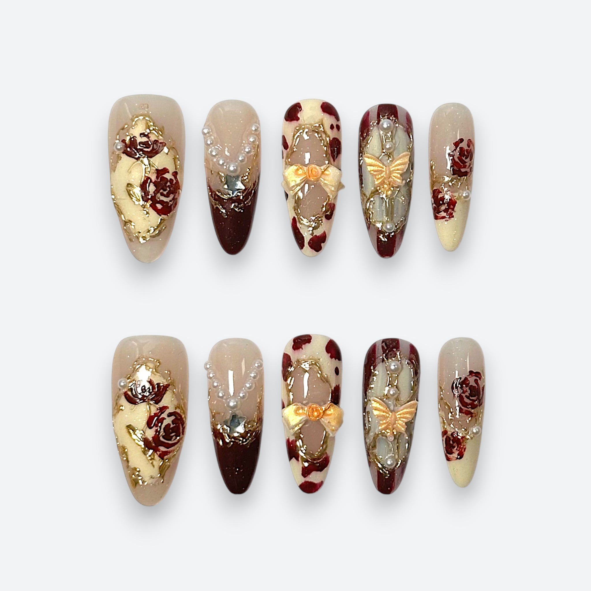 Coquette antique burgundy rose and ribbon long almond luxury reusable structured gel nails by Velvetkay.