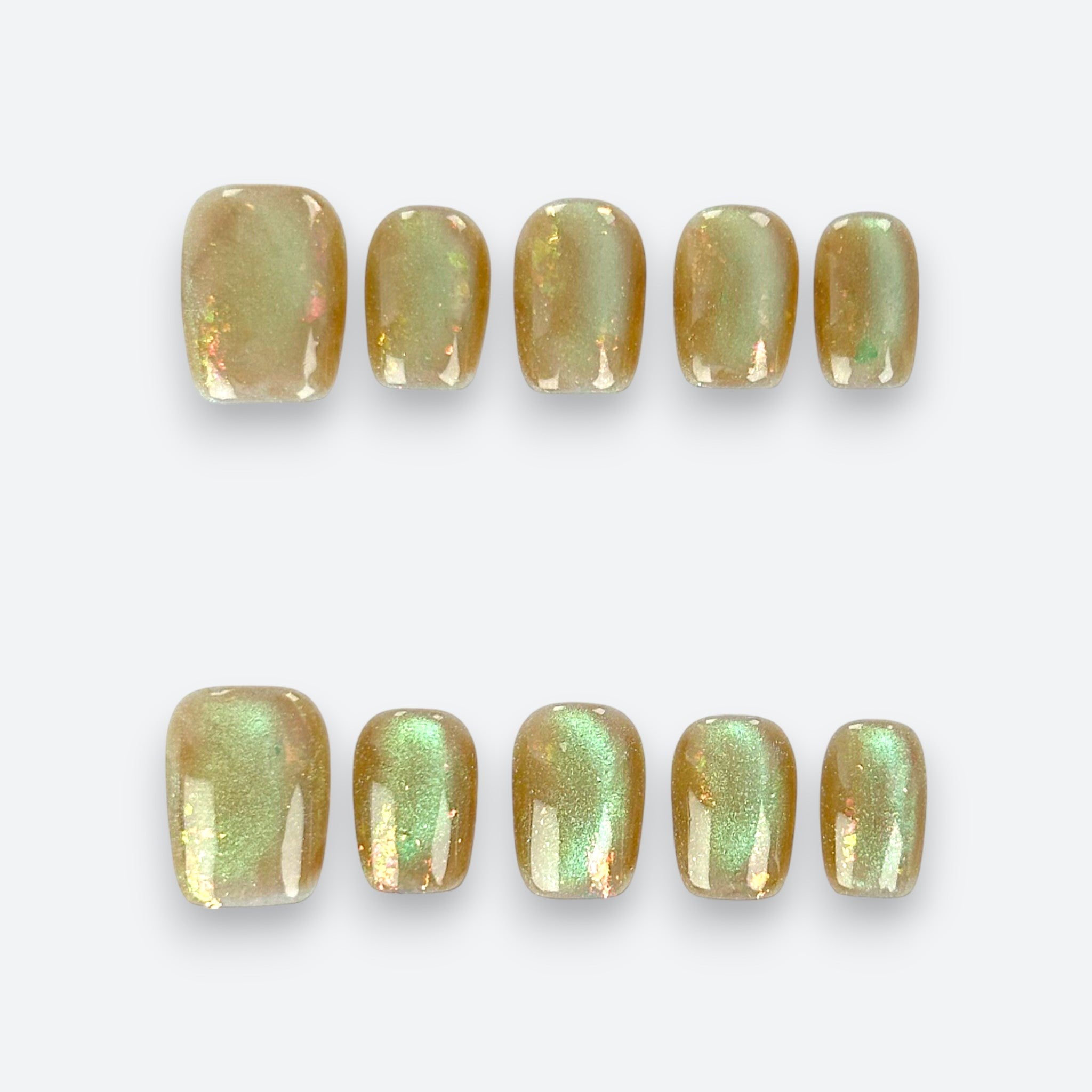 Velvetkay Champagne Gleam press-on nails in Square shape. Soft gold luxury manicure full set.