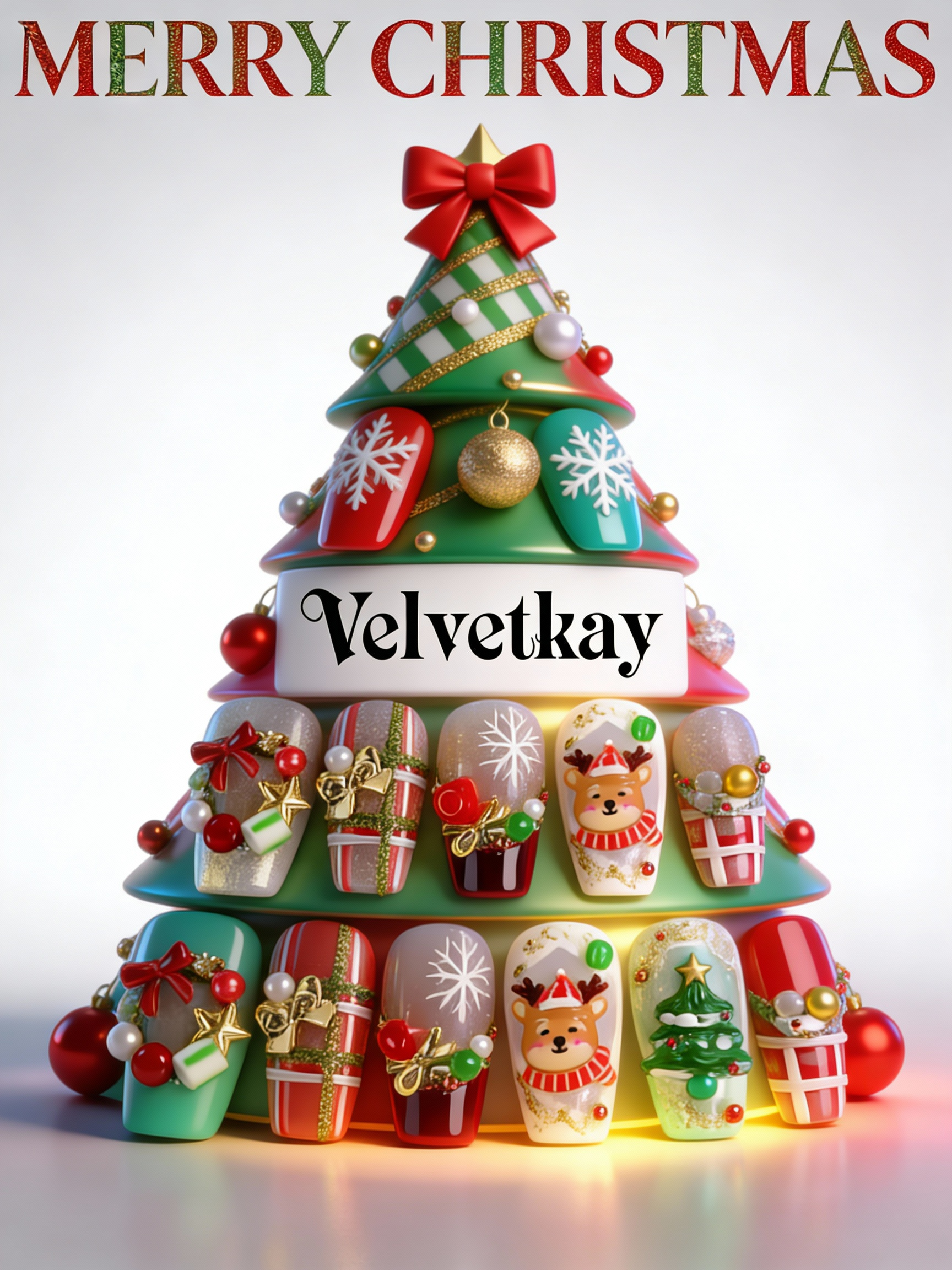 Velvetkay Holiday Collection marketing showcase featuring festive handcrafted press-on nails arranged creatively.