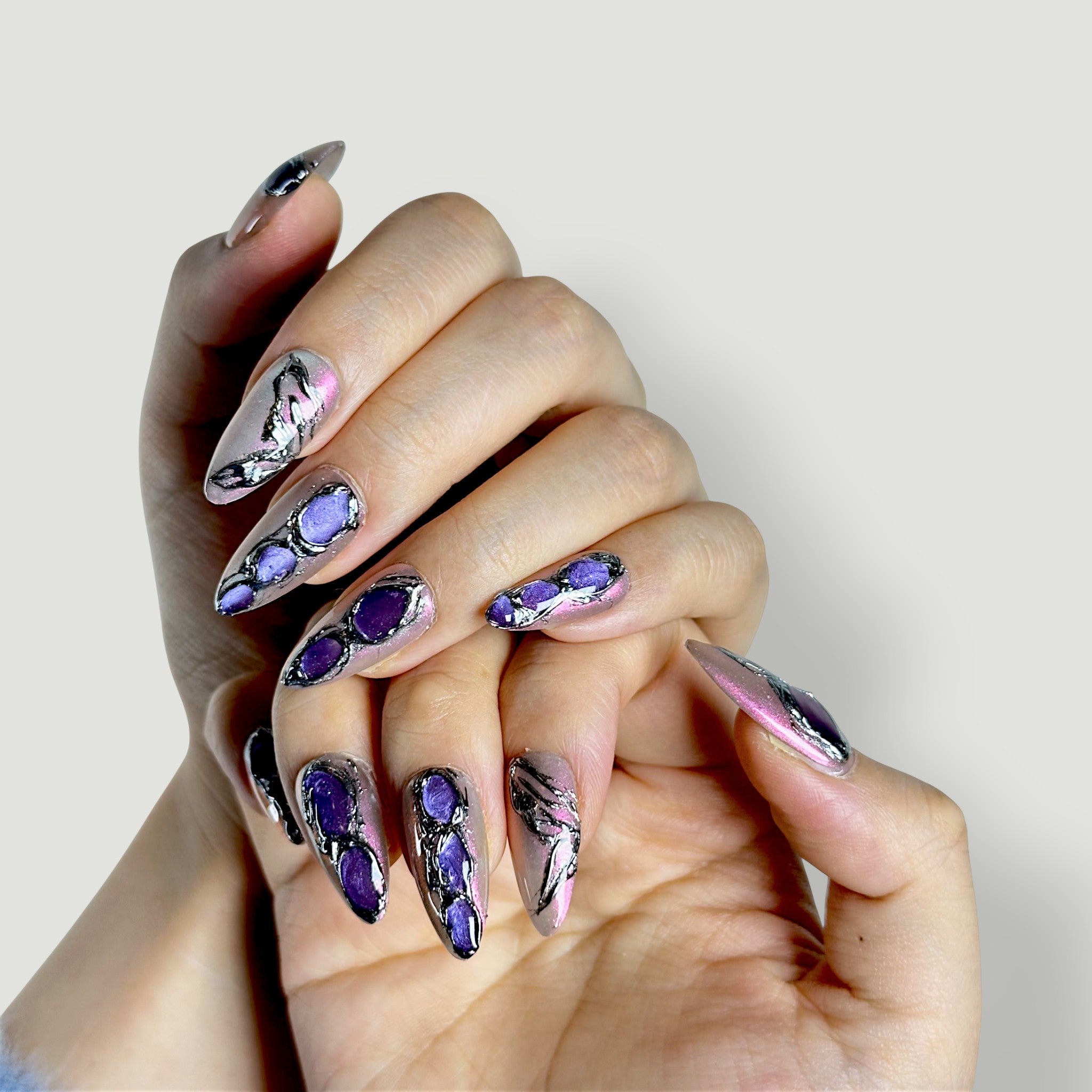 Detail view of the fit and curvature of Velvetkay Gemstone handcrafted press-on nails.