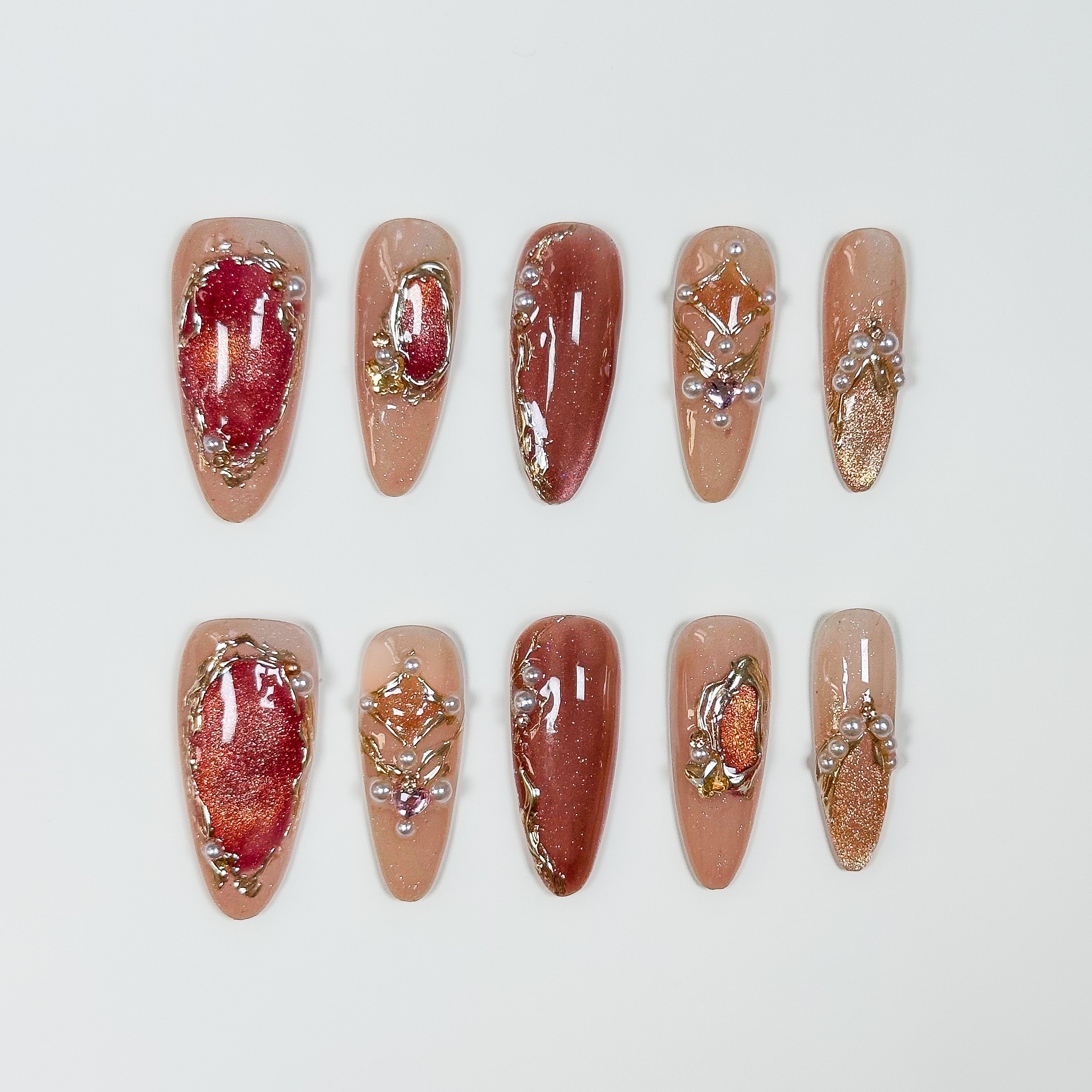 Vintage mauve cat-eye crystal long almond handcrafted luxury gel press-on nails by Velvetkay.