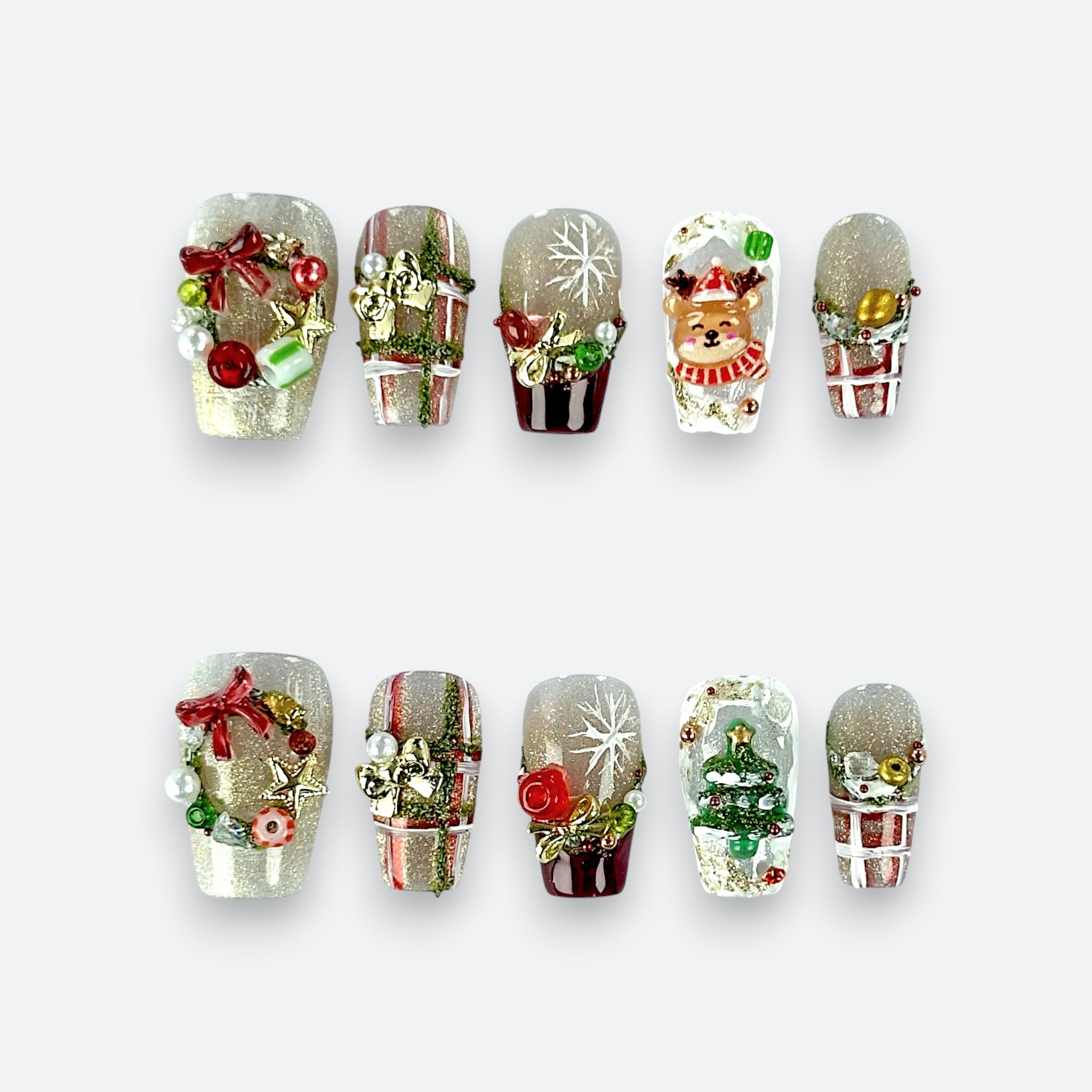 Velvetkay Holiday Jubilee handcrafted press-on nails full set in Coffin shape. Festive luxury design for the holidays.
