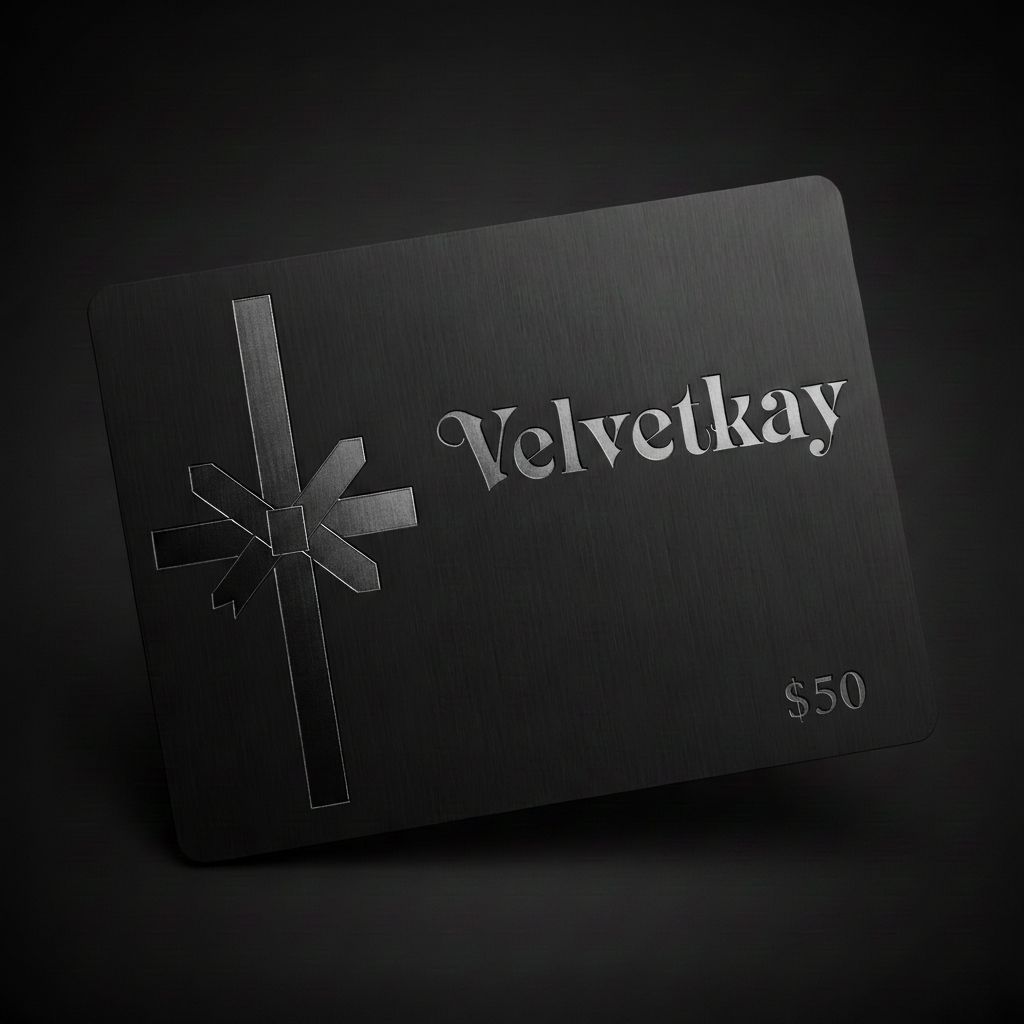 VelvetKay electronic gift card with a sleek laser-etched ribbon design, $50 denomination.