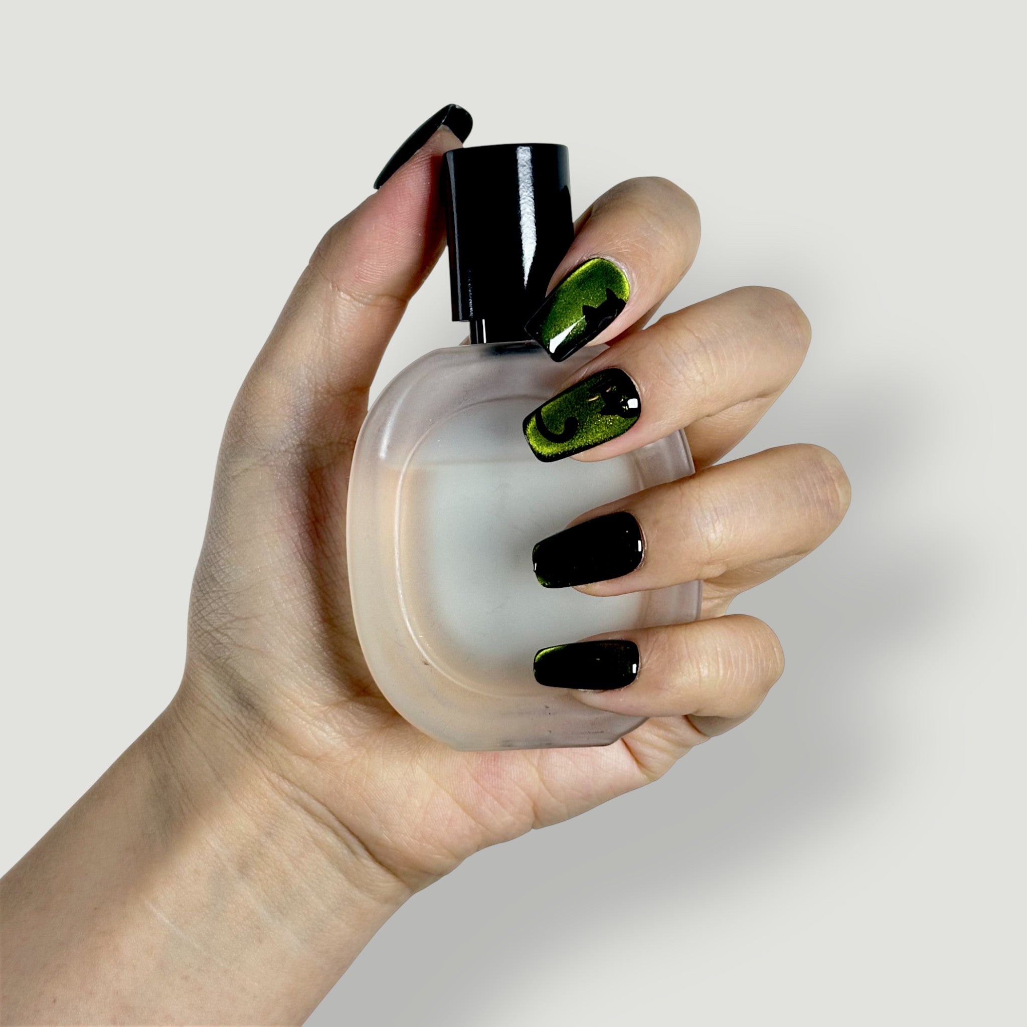 Velvetkay Night Prowler handcrafted press-on nails. Edgy Square shape reusable manicure.