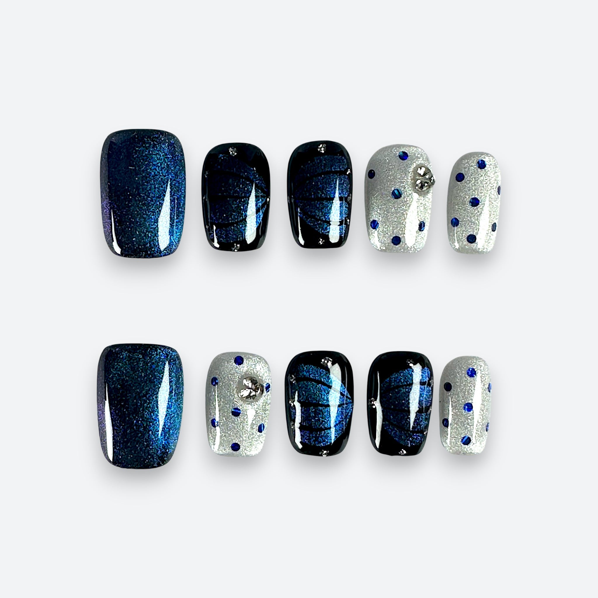 Velvetkay Obsidian Night full set press-on nails in Square shape. Dark luxury handcrafted manicure.