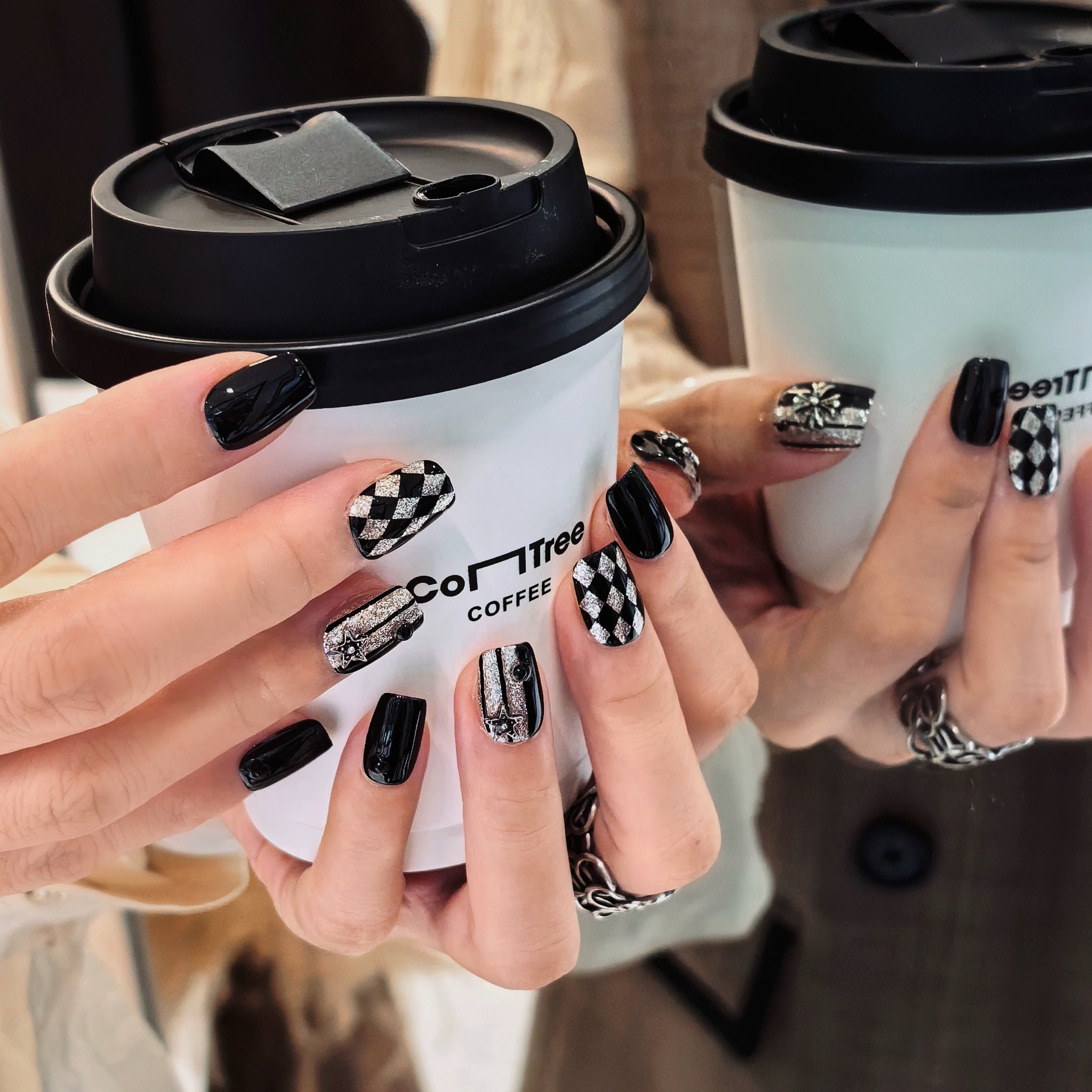 Velvetkay lifestyle poster featuring a modern clean luxury manicure moment with coffee.