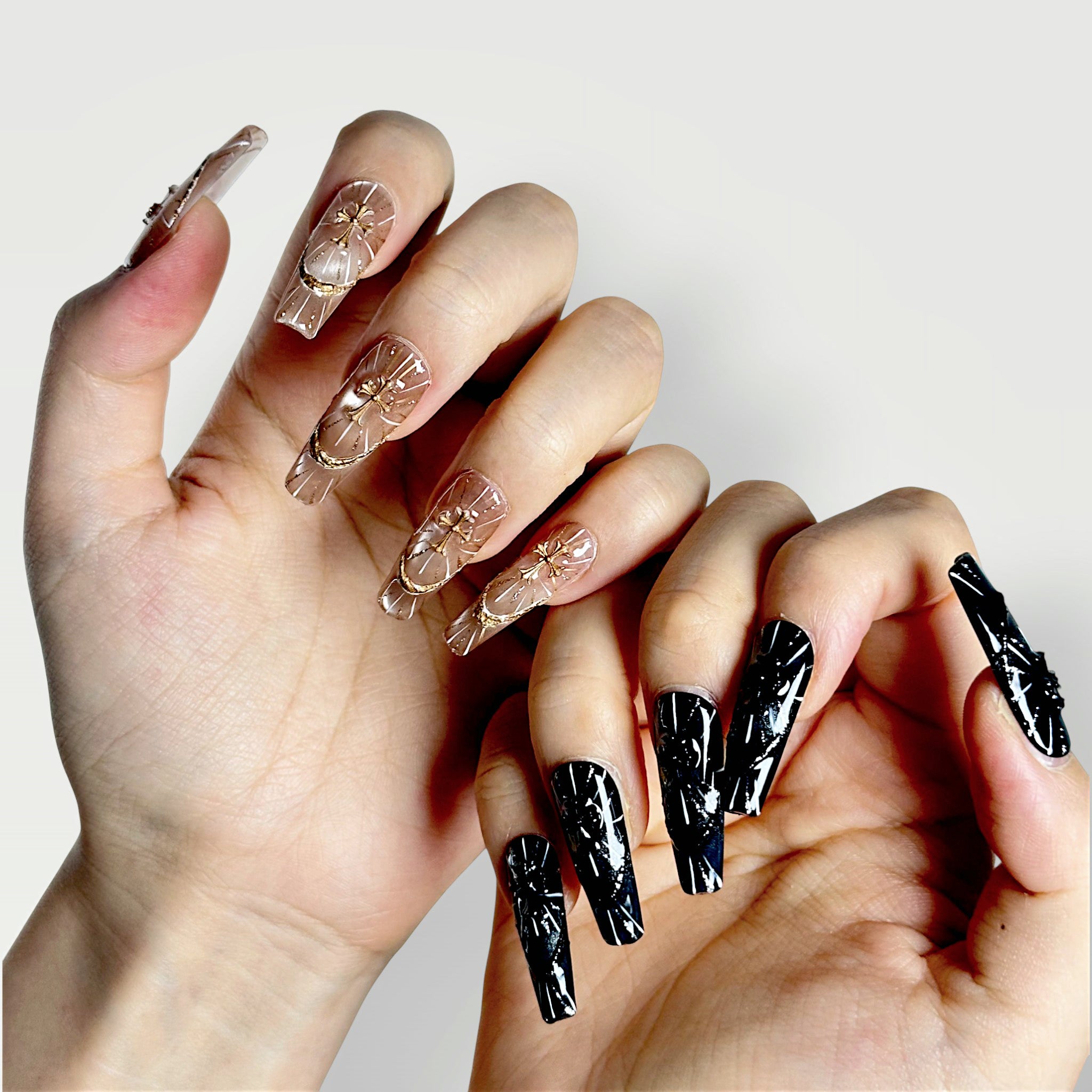 Macro detail of Velvetkay Reliquary Duo press-on nails in Coffin shape, showing intricate handcrafted art.