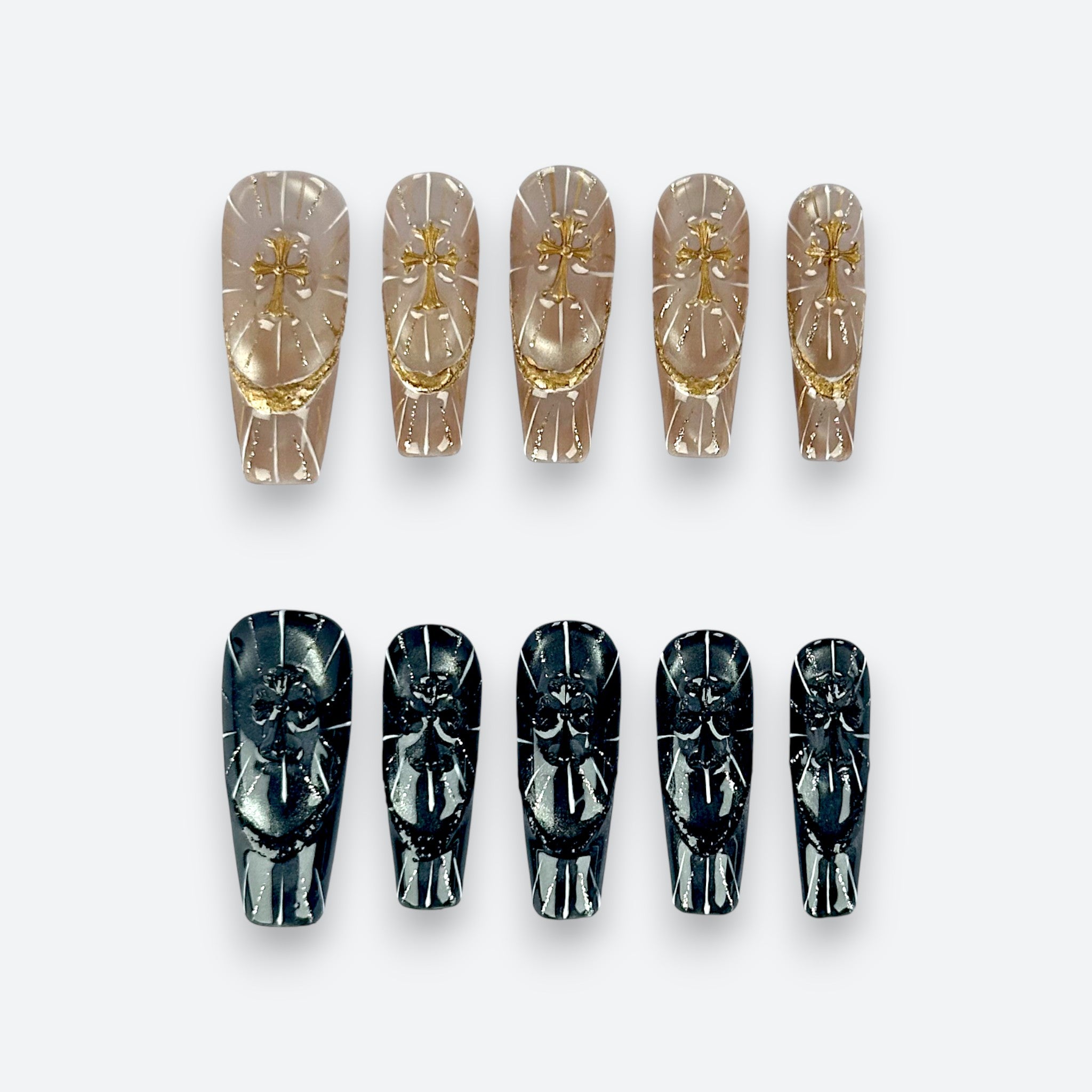 Velvetkay Reliquary Duo press-on nails full set in Coffin shape. Intricate dark luxury handcrafted manicure.