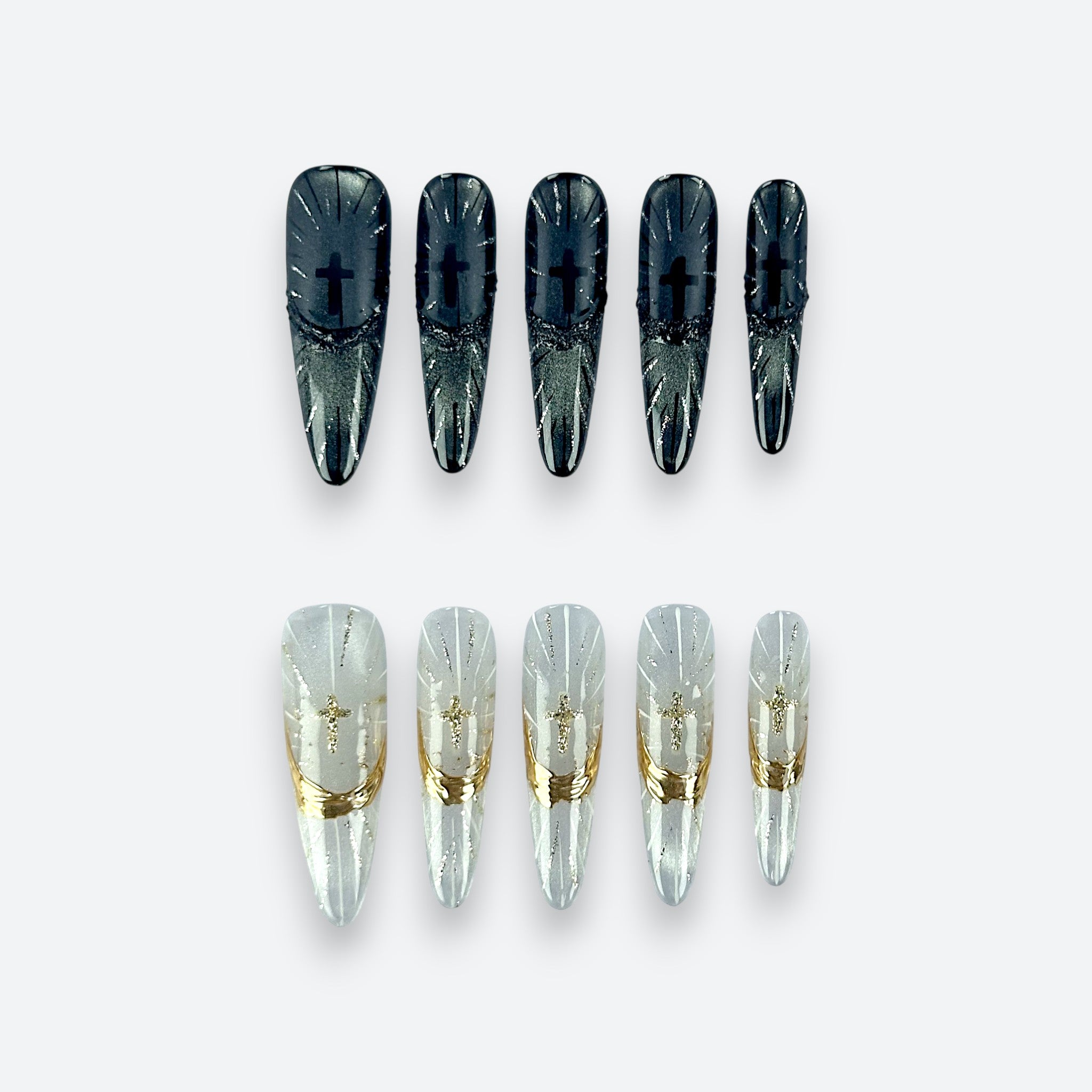 Full set of Velvetkay Sanctum Glow press-on nails in Stiletto shape. Luminous handcrafted design with edgy finish.