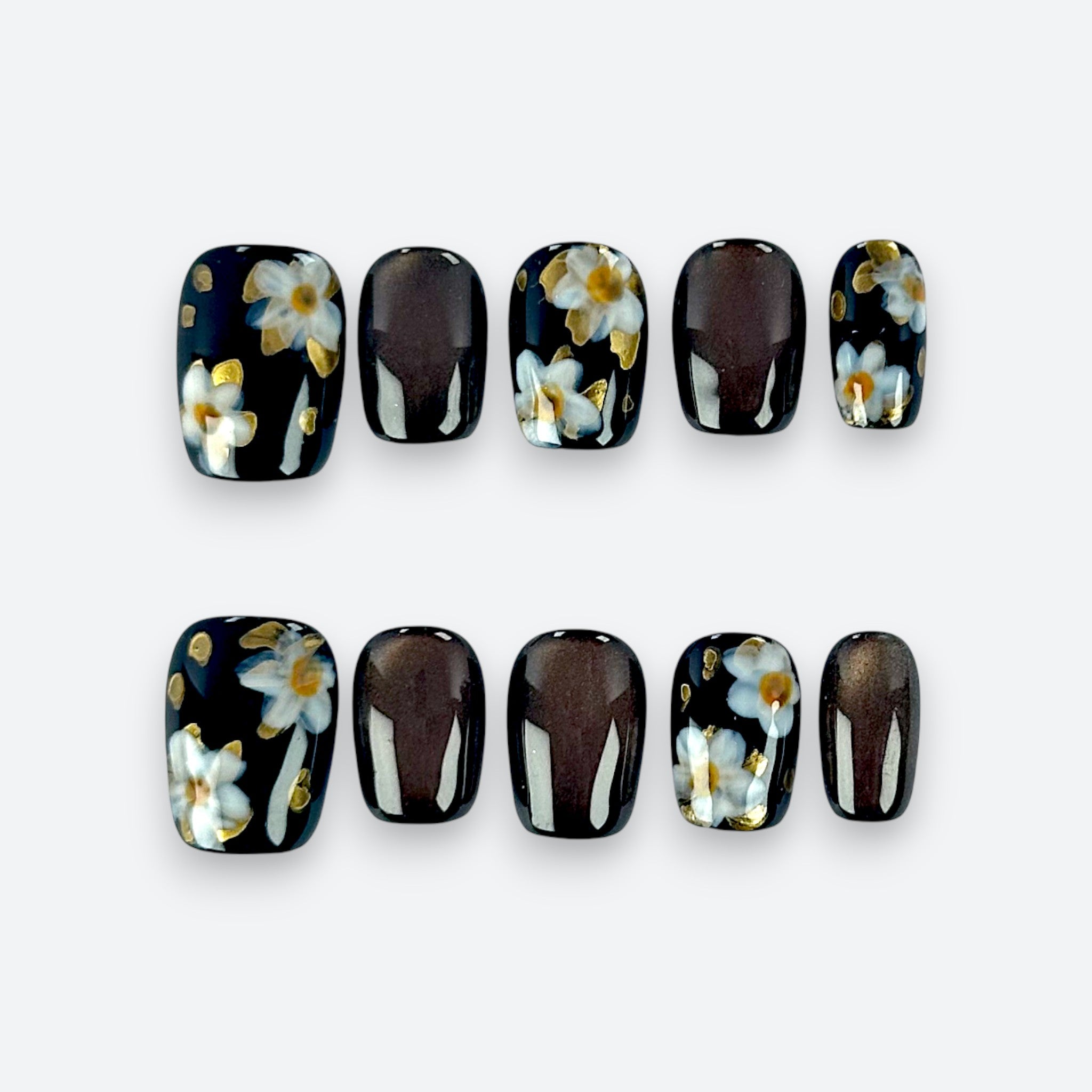 Velvetkay Shadow Garden press-on nails in Square shape. Dark floral luxury design for a bold look.