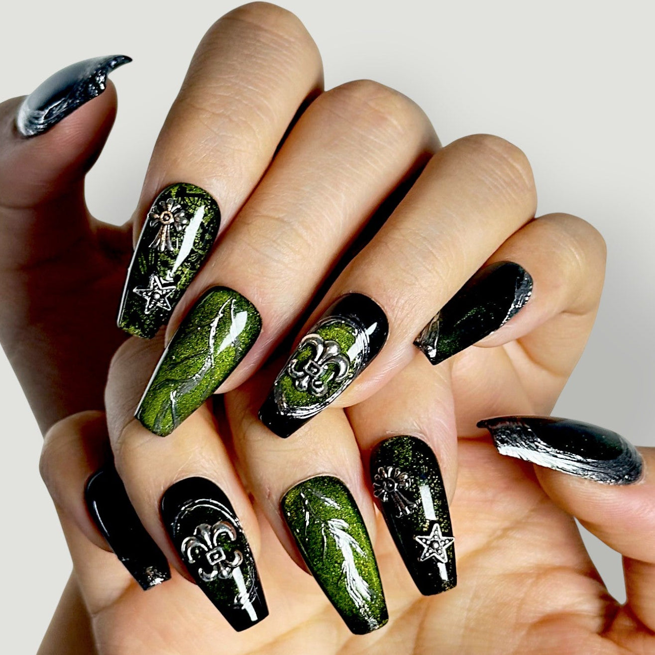 Texture detail of Velvetkay Starshade handcrafted nails. High-gloss finish with subtle shimmer.