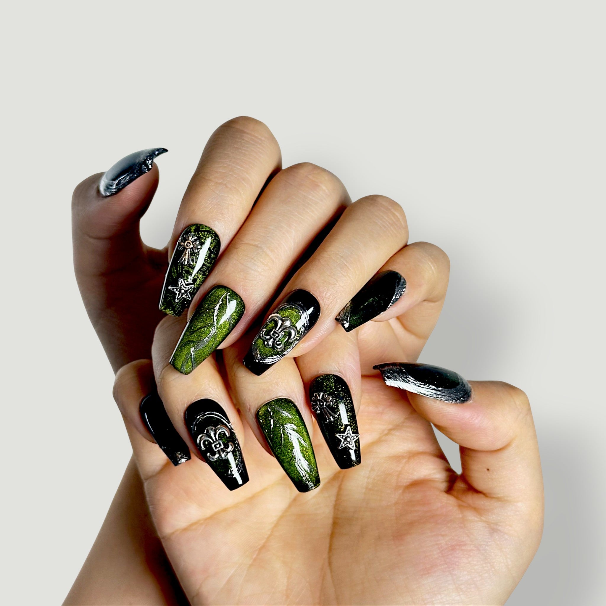 Texture detail of Velvetkay Starshade handcrafted nails. High-gloss finish with subtle shimmer.